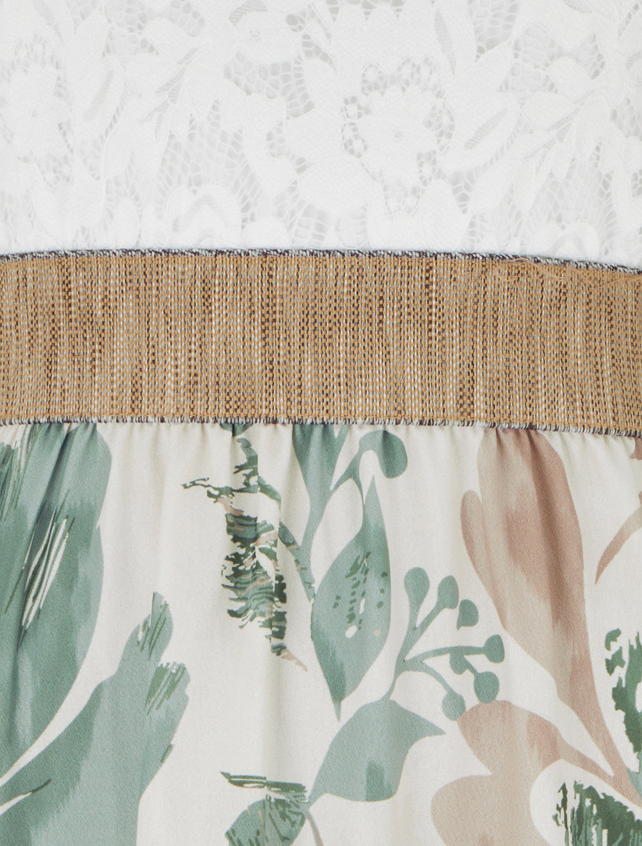 Robe longue à dentelle et imprimé floral - Kaki clair