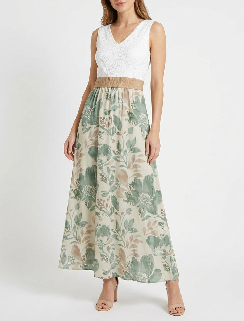 Robe longue à dentelle et imprimé floral - Kaki clair