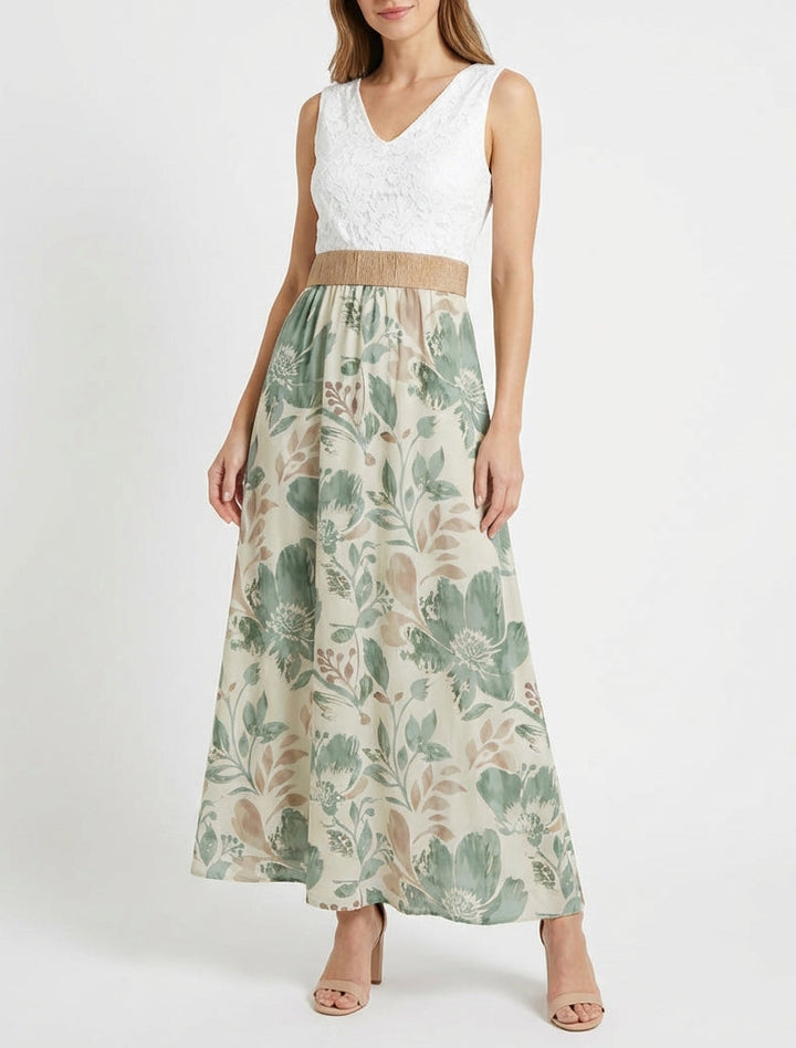 Robe longue à dentelle et imprimé floral - Kaki clair